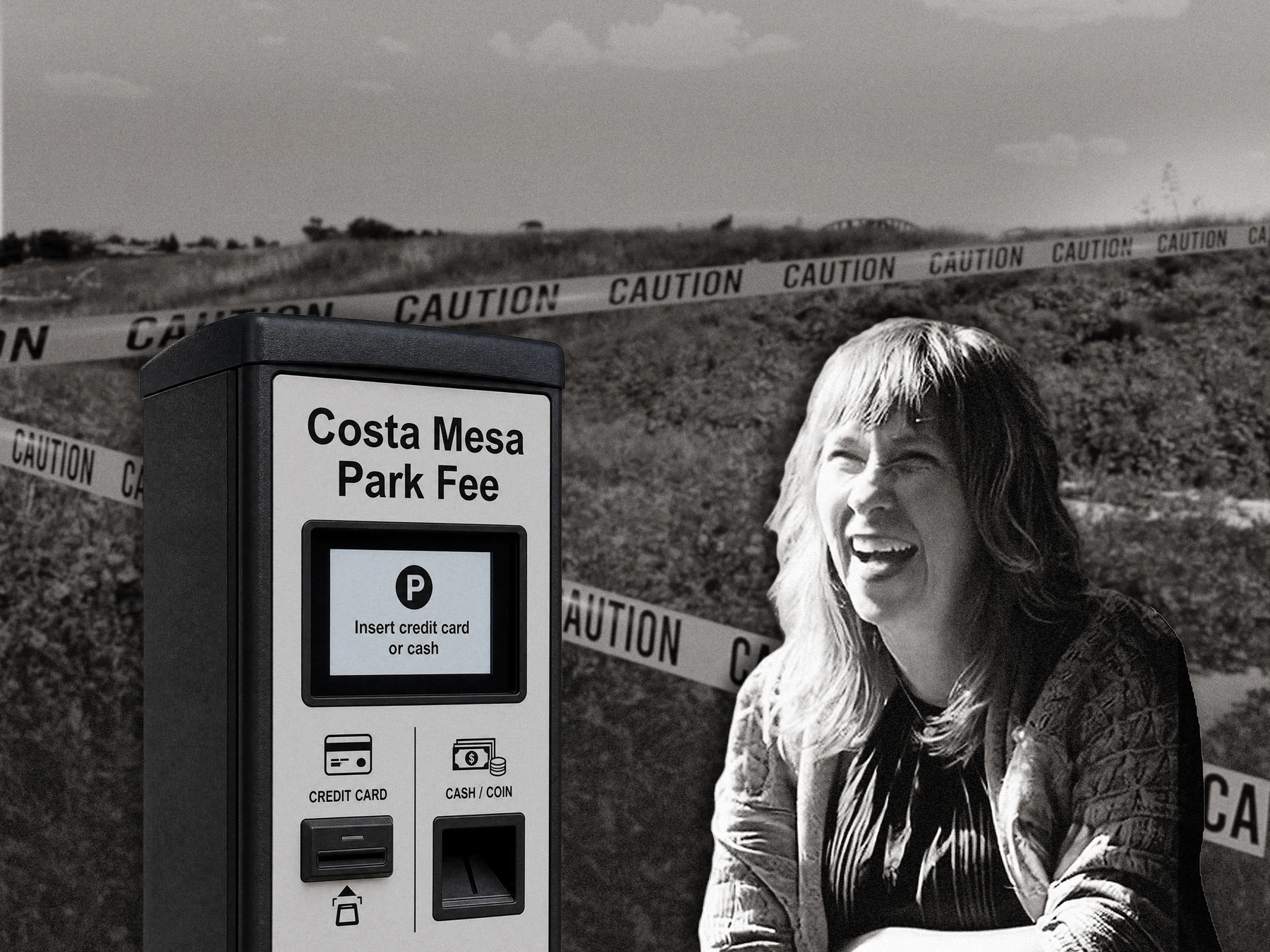 Kelly Brown laughing beside a “Costa Mesa Park Fee” pay station, with caution tape strung across Fairview Park